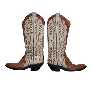 Vintage Laramie Brown & Cream Leather Stitch Western Cowboy Boots Size 6.5/7